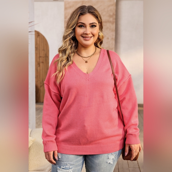 Plus Size V-Neck Dropped Shoulder Sweater - Picture 5 of 6